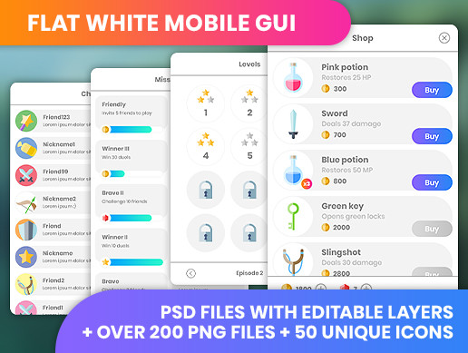 Flat white, minimalistic GUI - 4k, over 200 PNG files!
