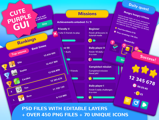 Cute purple 4k GUI Kit - over 450 PNG files!