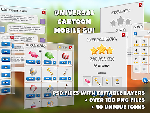 Clean, cartoon 4k game GUI - over 180 PNG files!
