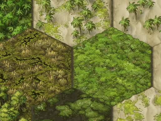 Painted 2D Terrain Hexes: Tropics and Wetlands
