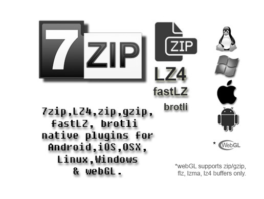 7Zip, lzma, LZ4, fastLZ, zip/gzip & brotli multiplatform plugins.