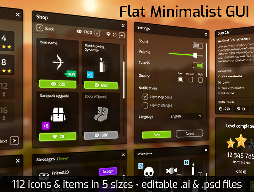 Flat Minimalist GUI / UI pack - over 600 PNG!