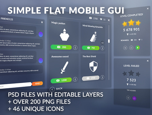 Flat clean GUI - over 200 PNG files!