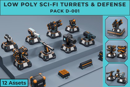 Low Poly Sci-Fi Turrets & Defense Pack D-001