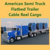 American Semi Truck + Flatbed Trailer + Cable Reel Cargo