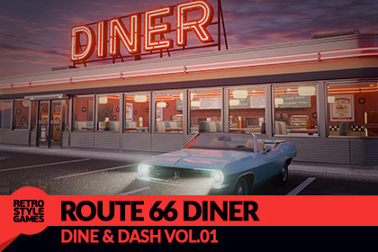 Dine & Dash – American Diner, Retro 50s Interior and Exterior with Neon Sign