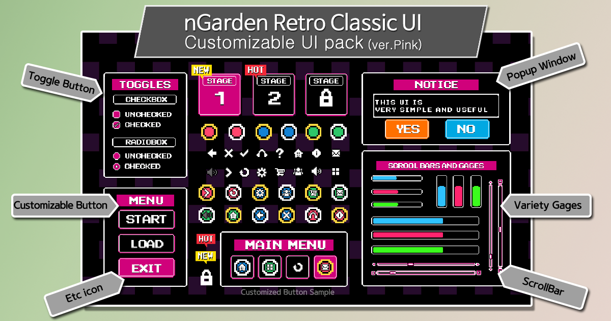 nGarden Retro Classic UI (Pink) | 2D GUI | Unity Asset Store