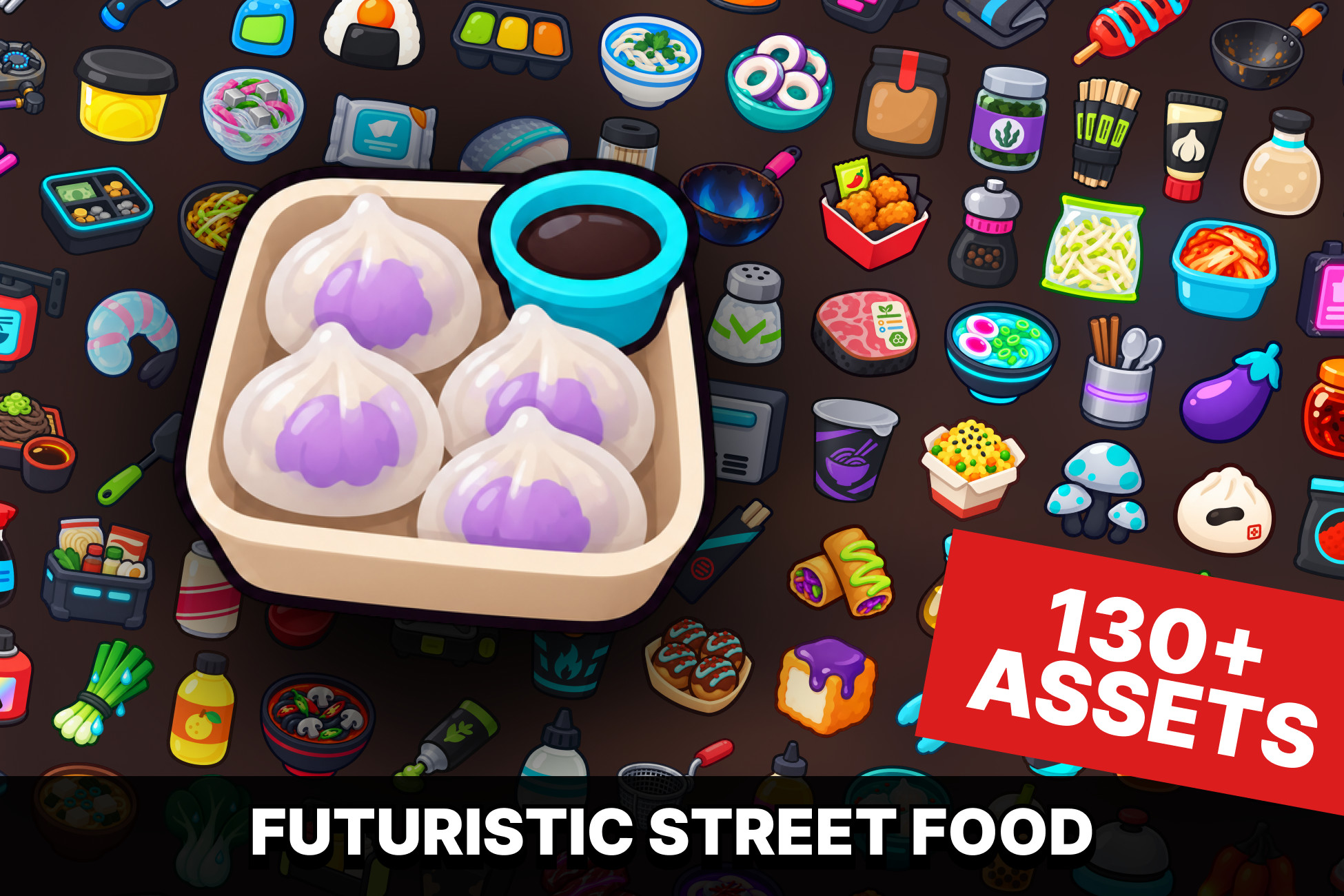 Cyberpunk Street Food Asian Restaurant Cooking Icons Pack