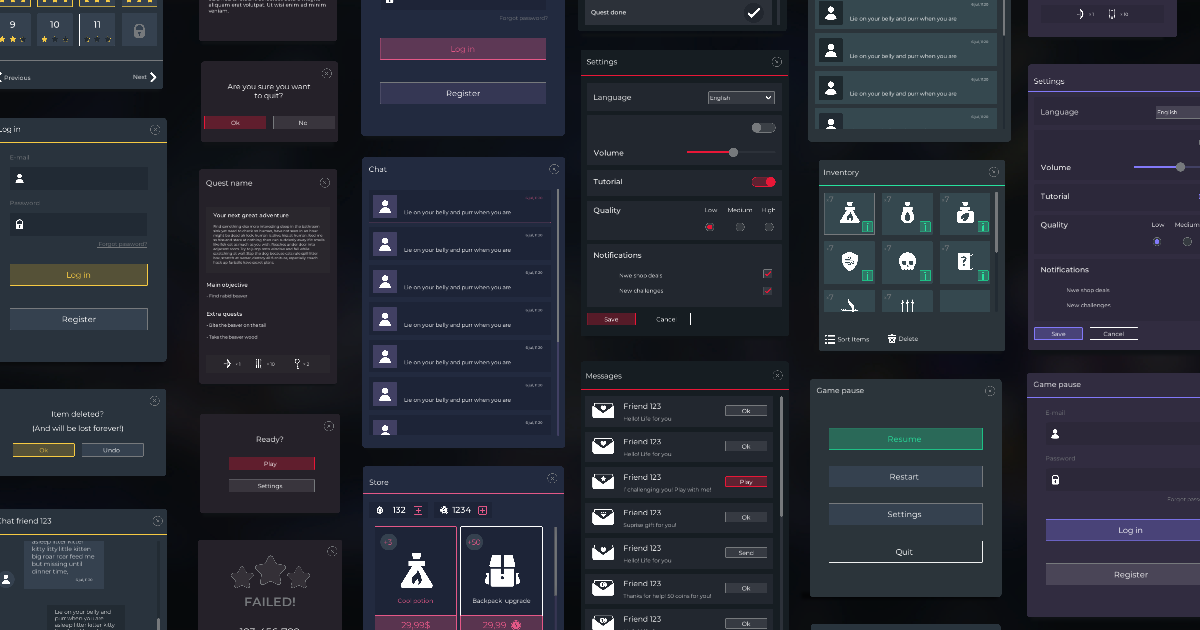 Flat Dark Themed GUI / UI Kit - over 600 PNG ! | 2D GUI | Unity Asset Store