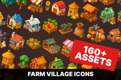 Farm Village Building Icons Pack Crops Tools and Environment Assets