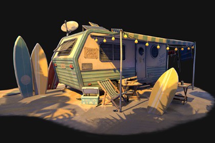 Stylized Surf Camper Trailer – Beach Camping Props