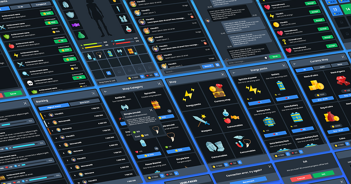 Ultimate Dark GUI PRO kit - complete UI + PSD sources | 2D GUI | Unity ...