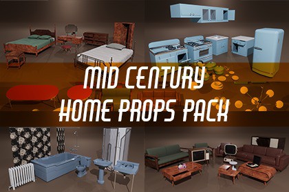 1950s Mid Century PBR Home Furniture and Props Pack Low Poly
