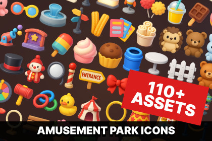 Amusement Park Icons Pack Carnival Funfair Toys Kids Casual Game Art
