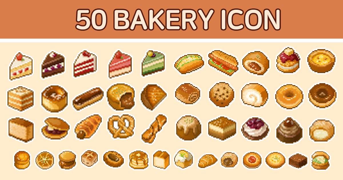 50 Pixel Art Bakery Icons - 32x32 | 2D Icons | Unity Asset Store