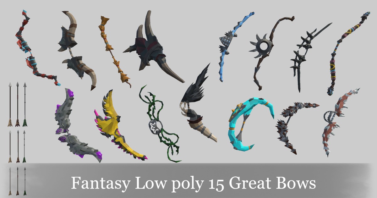 Fantasy Low poly 15 Great Bows for RPG | 3D Weapons | Unity Asset Store