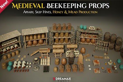 Medieval Beekeeping Props - Apiary, Skep Hives, Honey & Mead Production Vol. 1