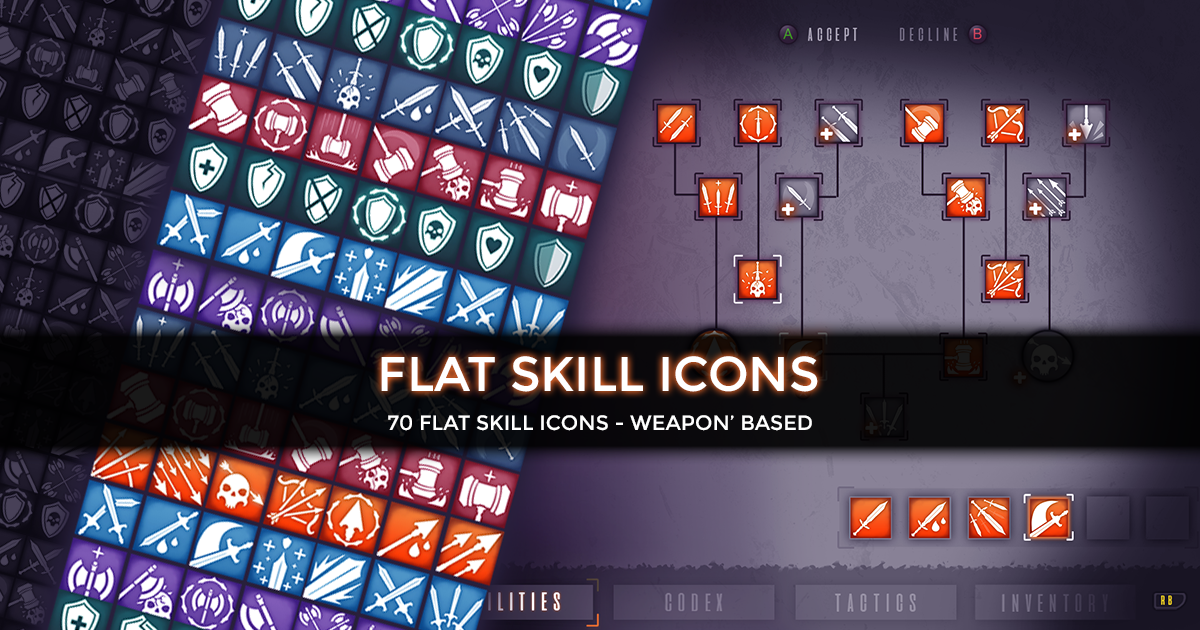 Unity Perforce Icons 70 Flat Skill and Ability Icons - Weapon Based | 2D 아이콘 | Unity Asset Store