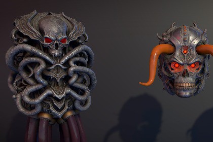 3 Servitor Robot Skulls - Grim Dark Scifi - Procedurally Animated