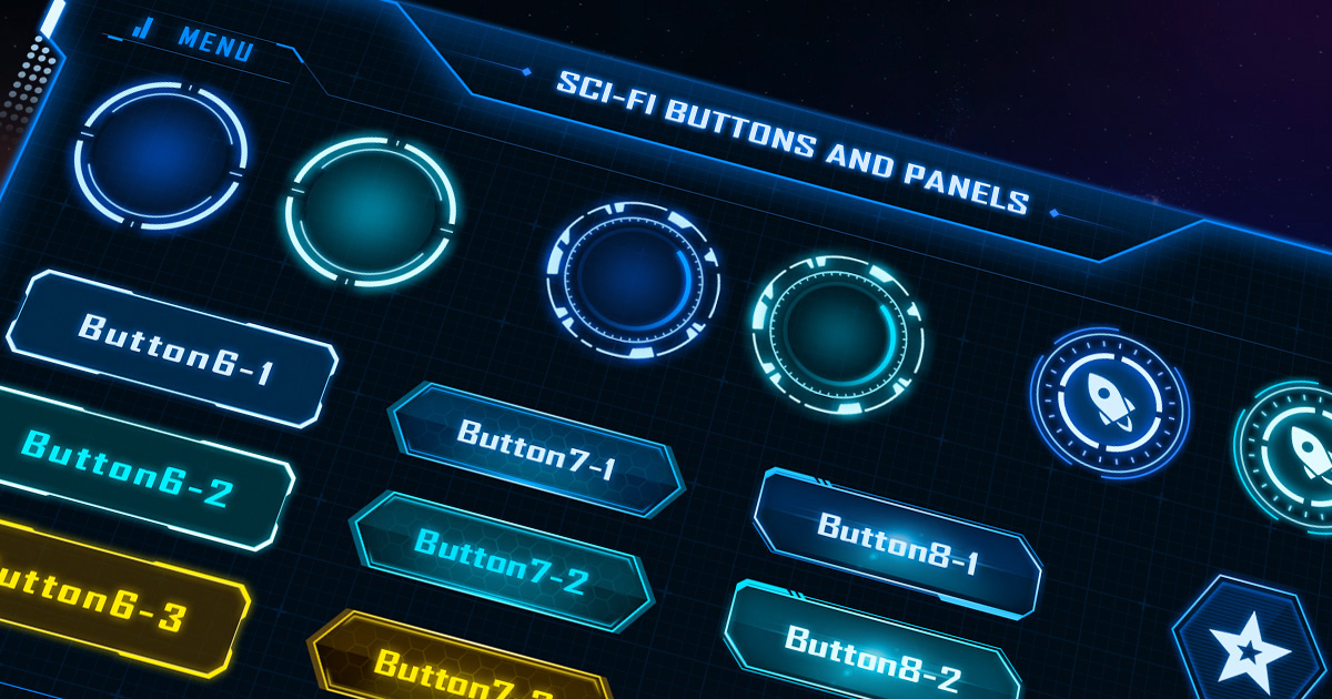 Unity And Rive Buttons Sci-Fi Buttons and Panels Pack | 2D GUI | Unity Asset Store