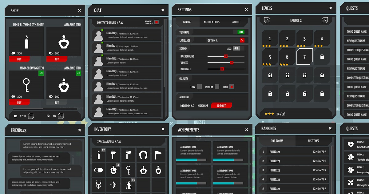 Flat black/dark military GUI kit v1 - 4k UI Kit + sources | 2D GUI ...
