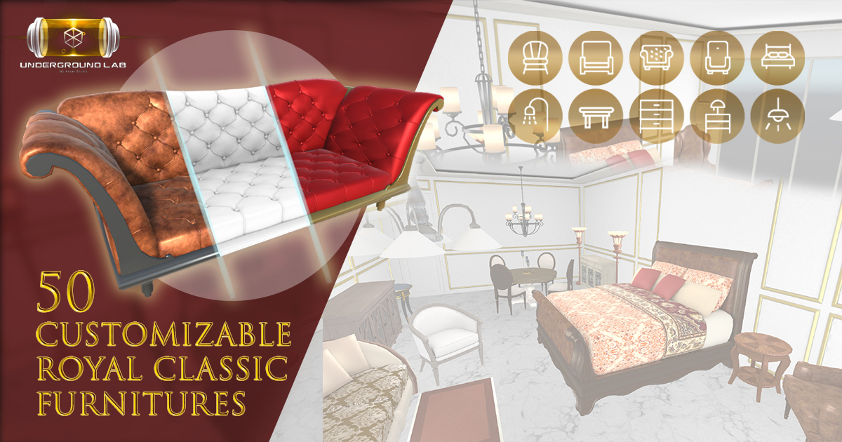 50 Customizable Royal Classic Furnitures (Game Ready) 3D Furniture