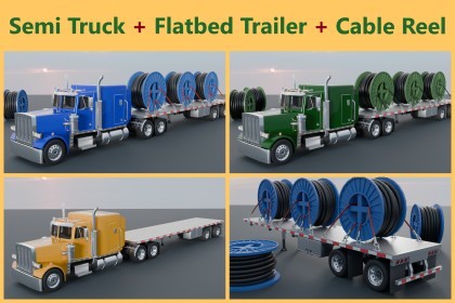 American Semi Truck + Flatbed Trailer + Cable Reel Cargo