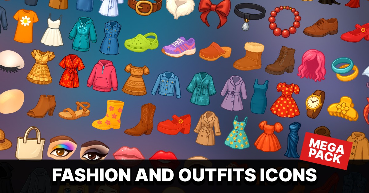 Unity Clothes 2D Fashion Accessories and Outfits Icons Pack. Shoes, Dresses, and More ...