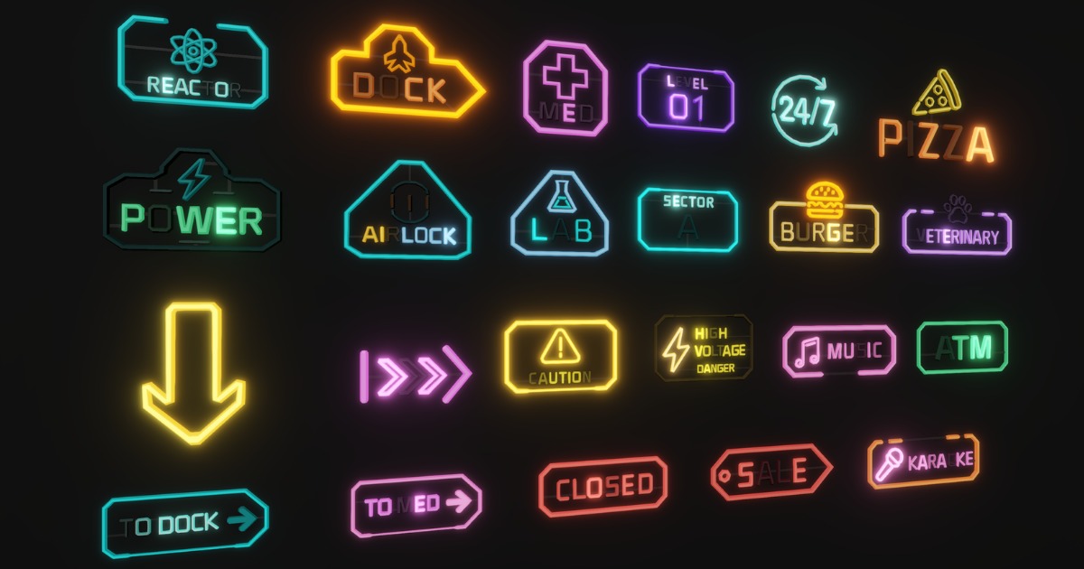 Low Poly Sci-Fi Neon Signs / Cosmic Retro | 3D Props | Unity Asset Store