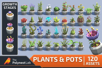 Low Poly Plants & Pots Pack with Growth System / Cosmic Retro