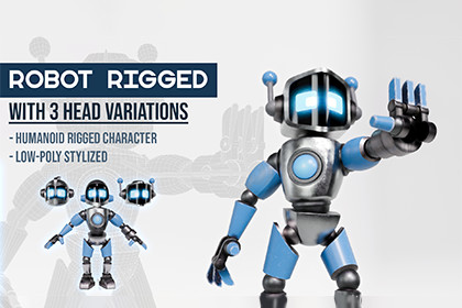 Stylized Rigged Robot with 3 Head variations