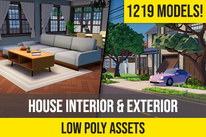 Low Poly Cartoon House Interior & Exterior