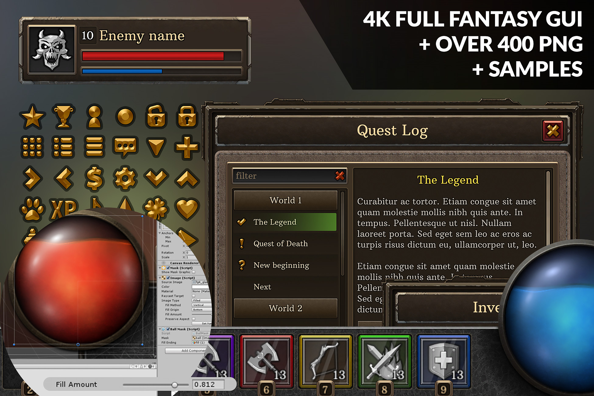 4k Full Fantasy GUI + over 400 png + samples | 2D GUI | Unity Asset Store