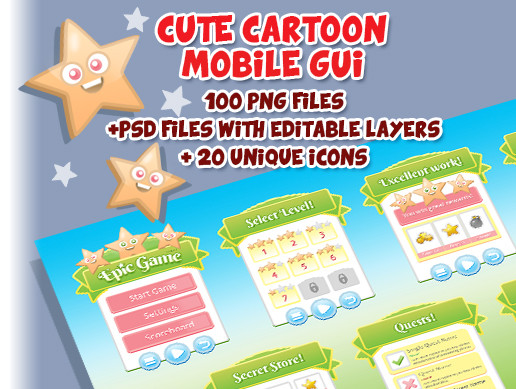 Cute Cartoon Mobile GUI - 97 png files! | 2D GUI | Unity Asset Store