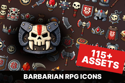 Dark Barbarian RPG Icons Inventory Skull Weapons, Armor, Loot, PvP Gear Pack