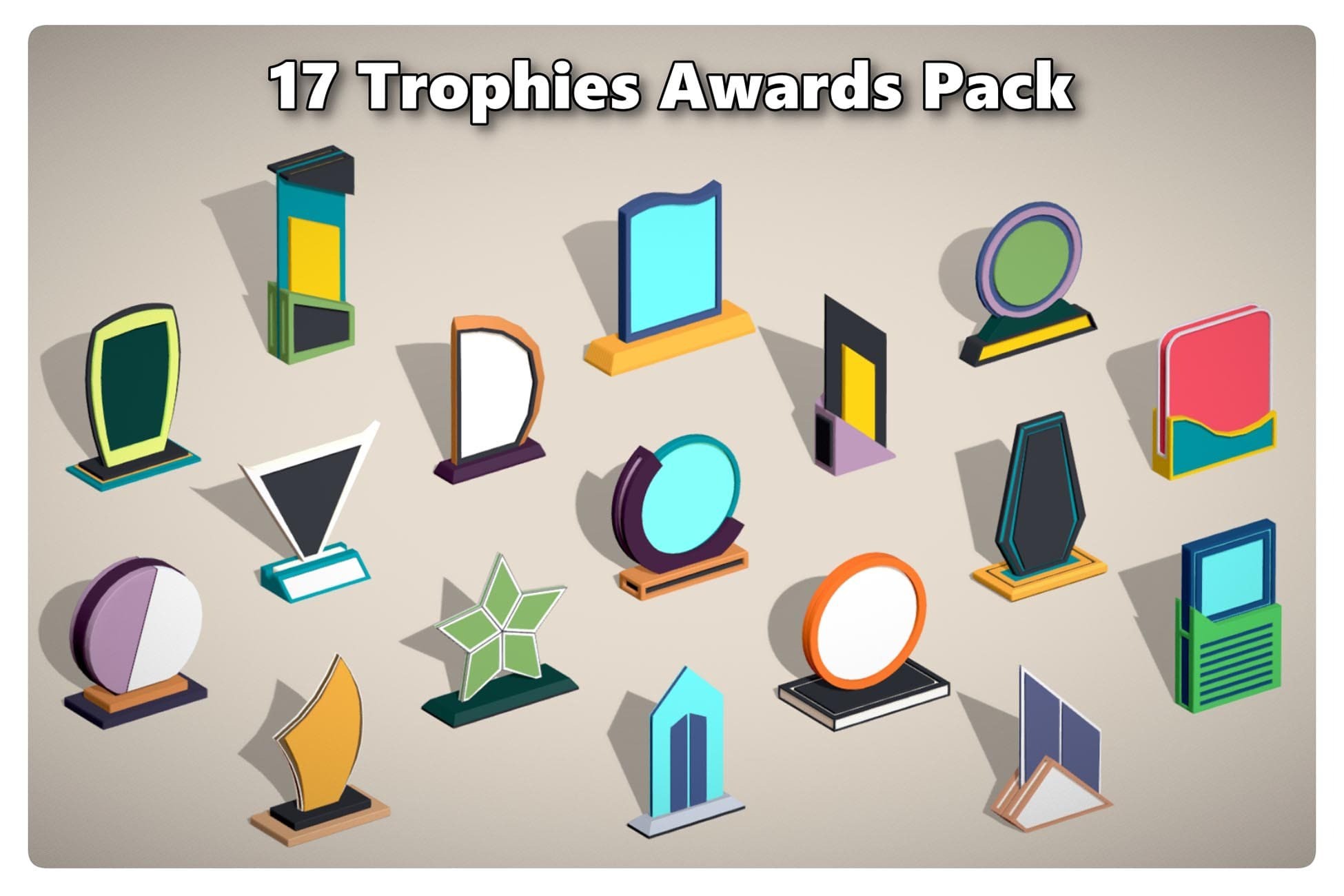 17 Winner Award Trophy Shield Pack - Low Poly Reward Set