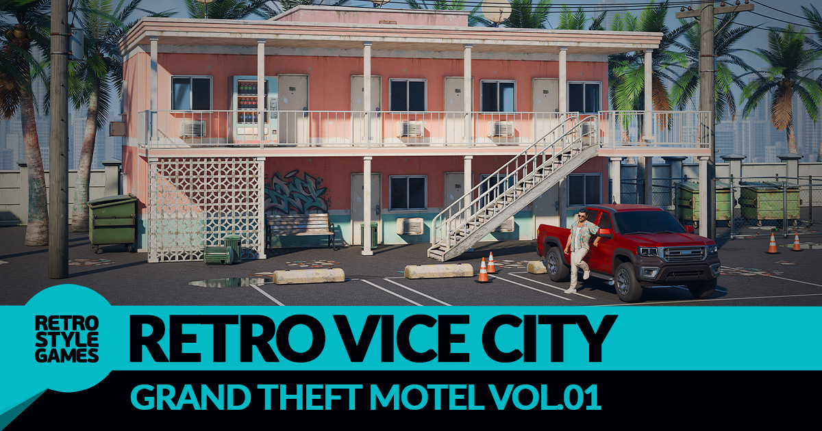 80s Motel - Modular Environment Kit with Palm Trees and Car | 3D Urban ...