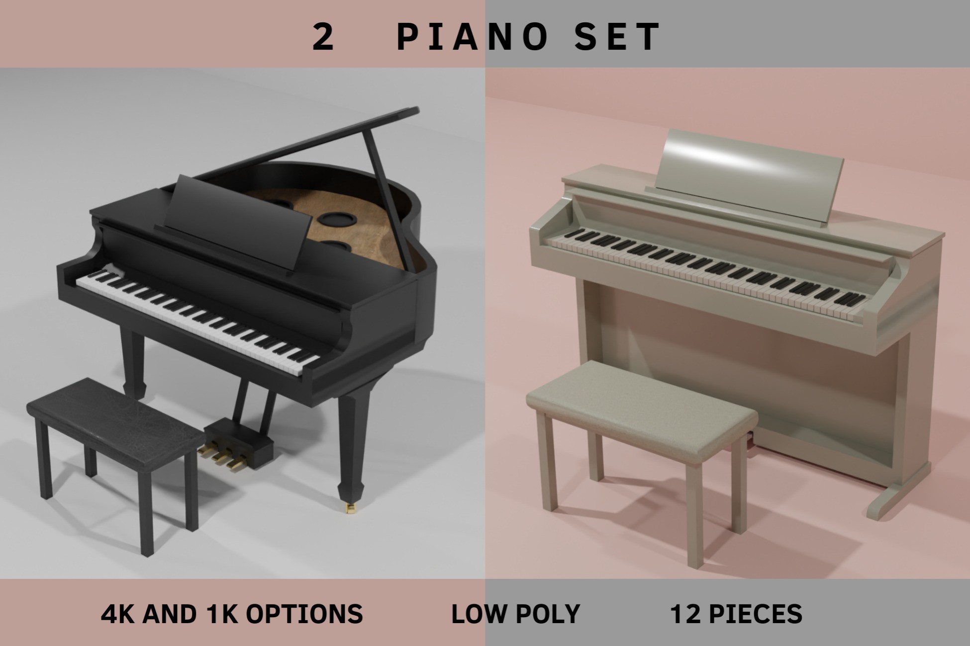 2 Piano Set - Realistic and Low Poly - 12 Pieces | 3D Props | Unity ...