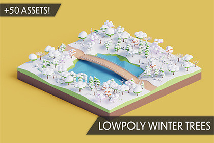 Low Poly Winter Trees Rocks & Bushes
