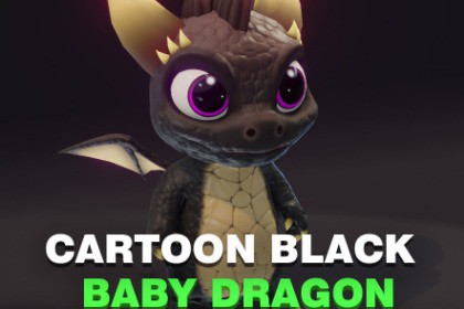 Cartoon Black Baby Dragon 3D Model (Low-Poly, Game-Ready, Animated, Built-In)