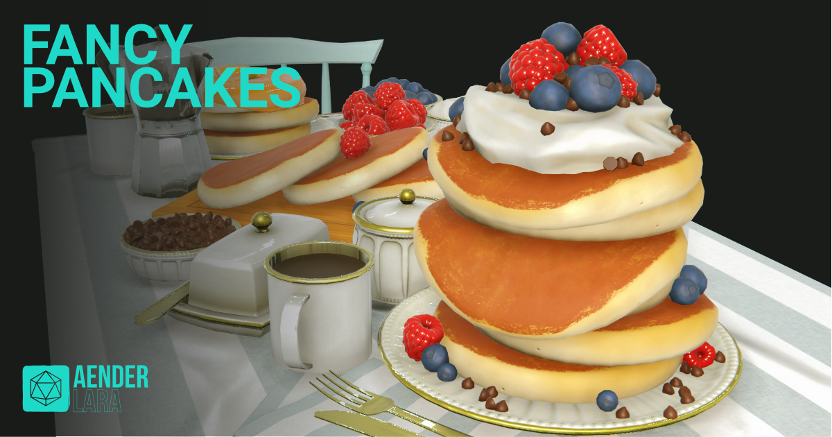 Fancy Pancakes Served breakfast table with pancake towers, fruit and