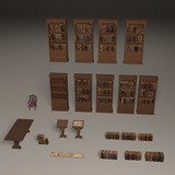 Library bookcases and books