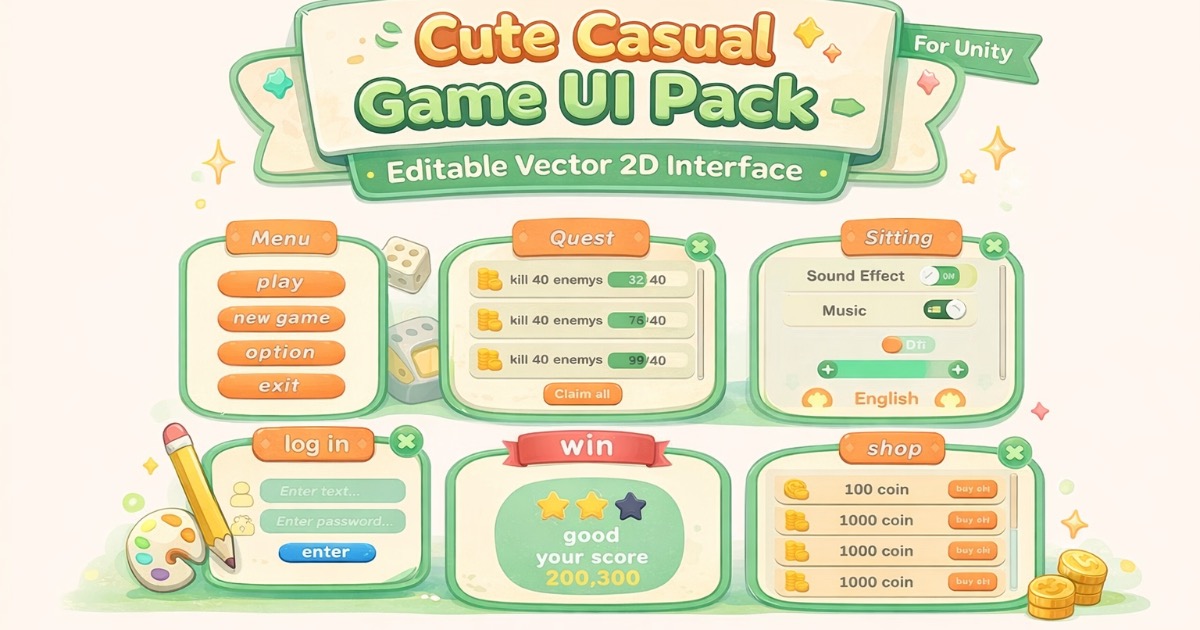 Cute Casual Game UI Pack – Editable Vector 2D Interface | 2D Icons ...
