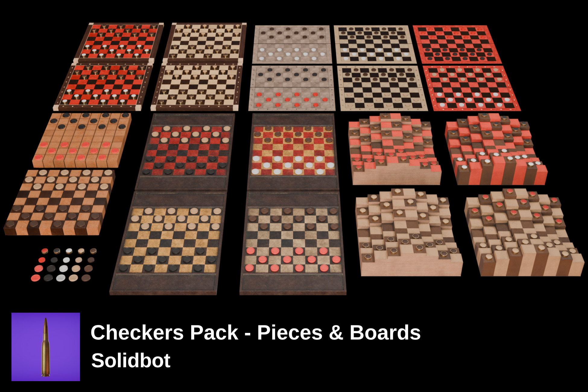 Checkers Pack - Pieces & Boards - Solidbot | 3D Props | Unity Asset Store
