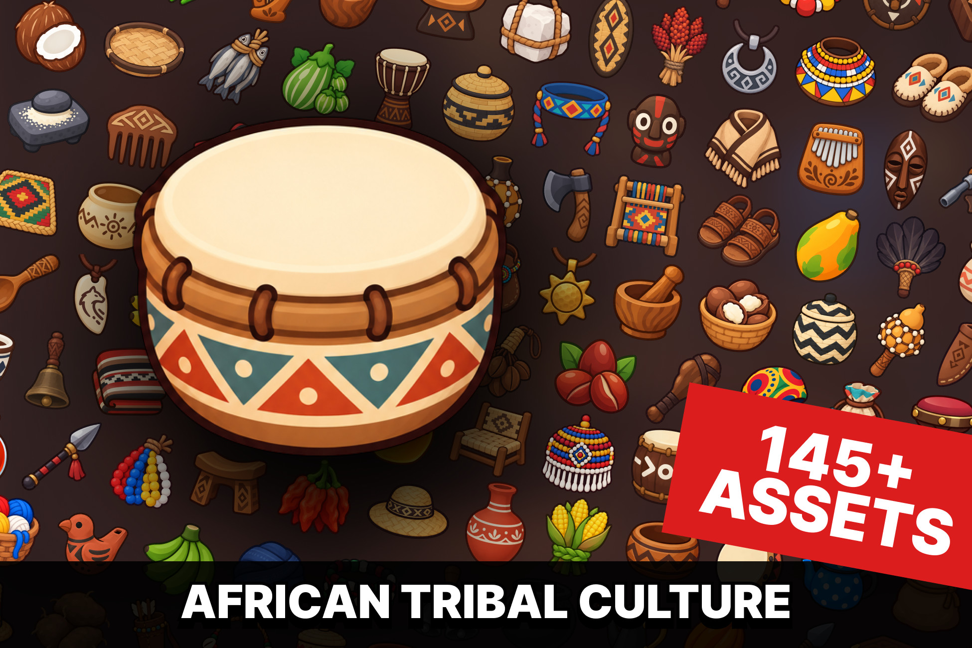 African Tribal Culture Village Crafts Weapons Food Resources Icons Pack