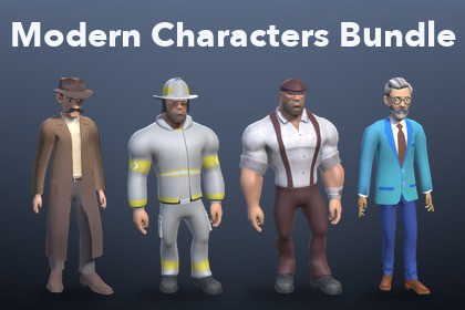 Modern Characters Bundle - Low Poly Detective, Firefighter, Gangster and Teacher
