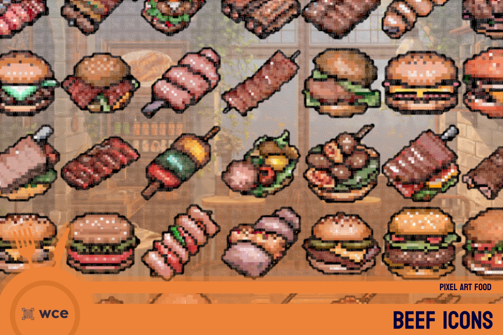 Pixel Meat Beef BBQ Icons - Pixel Art Food - 2D Cooking, Cuisine and Restaurant ...