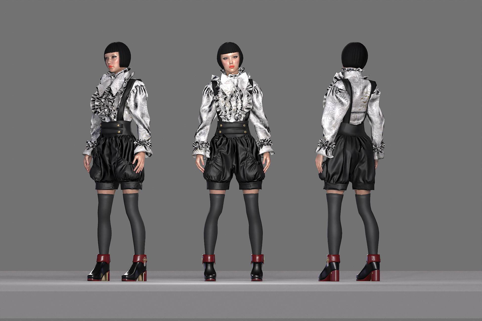 Girl asian in black shorts and a silver silk blouse