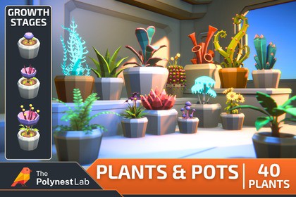 Low Poly Plants & Pots Pack with Growth System / Cosmic Retro