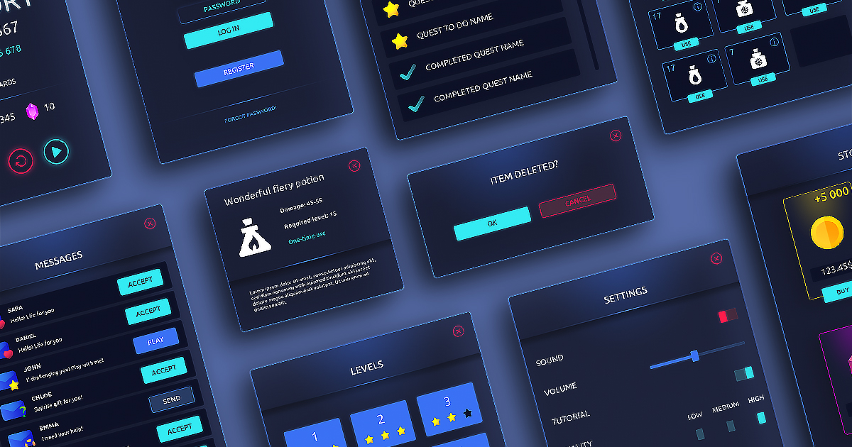 Dark Glowing Flat GUI / UI Kit - over 1200 PNG ! | 2D GUI | Unity Asset ...